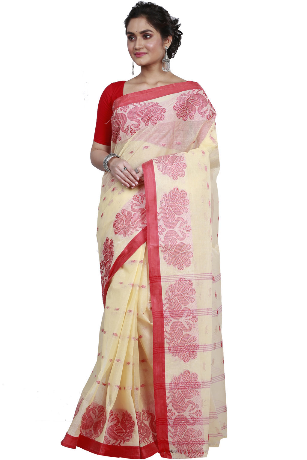 Cream Pure Cotton MOYUR PAR Tant Saree (901)